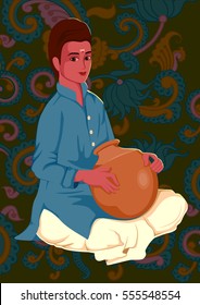 Vector design of artist playing Ghatam folk music of India on floral background