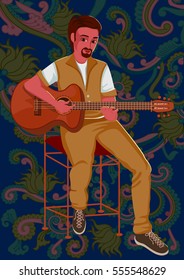 Vector design of artist playing Guitar music on floral background
