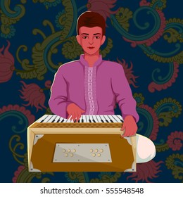 Vector design of artist playing Harmonium folk music of India on floral background