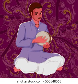 Vector design of artist playing Kanjira folk music of India on floral background