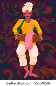 Vector design of artist playing Khol folk music of India on floral background