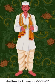 Vector design of artist playing Manjira folk music of India on floral background