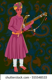 Vector design of artist playing Ravanahatha folk music of India on floral background