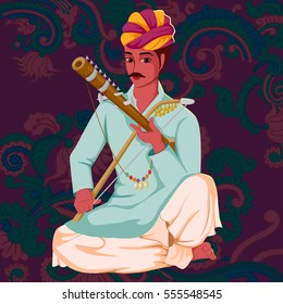 Vector Design Of Artist Playing Ravanahatha Folk Music Of India On Floral Background