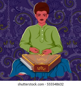 Vector design of artist playing Santoor folk music of India on floral background