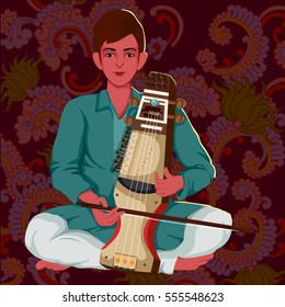 Vector design of artist playing Sarangi folk music of India on floral background