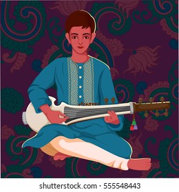 Vector design of artist playing Sarod folk music of India on floral background