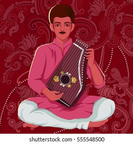 Vector design of artist playing Swarmandal folk music of India on floral background