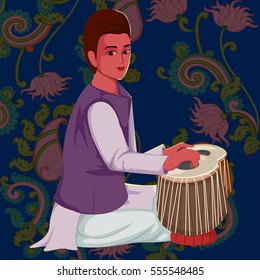 Vector design of artist playing Tabla folk music of India on floral background