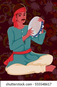 Vector design of artist playing Tamborin folk music of India on floral background