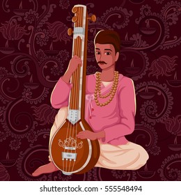 Vector design of artist playing Tanpura folk music of India on floral background