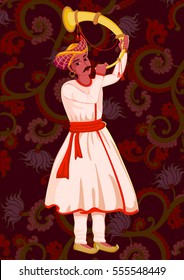 Vector Design Of Artist Playing Tutari Folk Music Of India On Floral Background