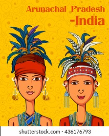 Diseño vectorial de la pareja Arunachali con traje tradicional de Arunachal Pradesh, India