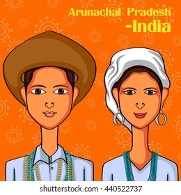 Diseño vectorial de la pareja Arunachali con traje tradicional de Arunachal Pradesh, India