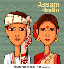 Vector design of Assamese Couple in traditional costume of Assam, India