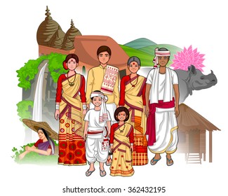 Vector design of Assamese family showing culture of Assam, India