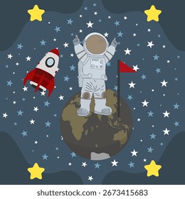 Vektordesign eines Astronauten, der auf einem Planeten landet