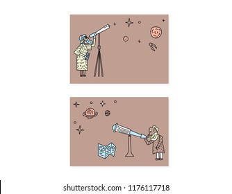 Vector design of astronomer and astronomic objects cards.