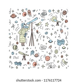 Vector design of astronomer and astronomic objects.