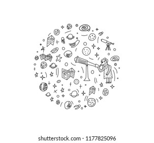 Vector design of astronomer and astronomic objects.