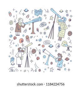 Vector design of astronomer and astronomic objects.
