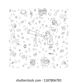 Vector design of astronomer and astronomic objects.