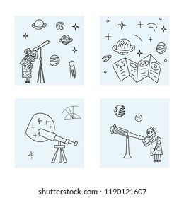 Vector design of astronomer and astronomic objects.