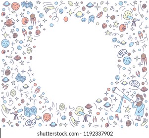 Vector design of astronomer and astronomic objects. Round frame with empty space for text.