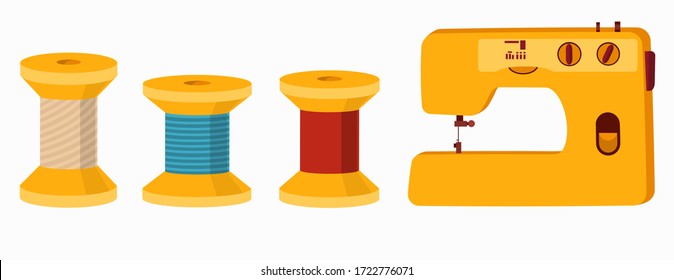 Diseño vectorial de atelier y símbolo de coser. Conjunto de ilustraciones vectoriales de criadero y material de confección. 