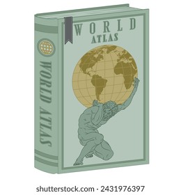 Vector design Atlas book of world maps, Greek mythology titan holding the earth sphere