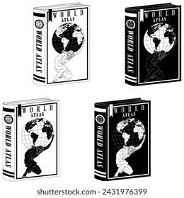 Vector design Atlas book of world maps, Greek mythology titan holding the earth sphere