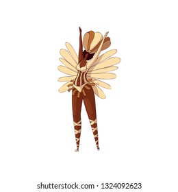 Vector design of attractive Brazilian woman in dancing action. Latino woman in bikini and headdress with feathers