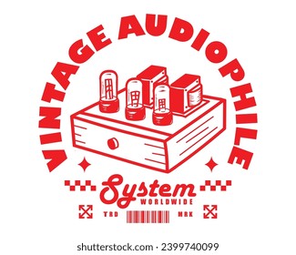 Vektordesign des audiophilen Hifi-Systems für Mode-Kleidung, Straßenbekleidung, Bekleidungslinie, Bekleidung und urbanen Stil für Shirt-Design, Hoodies, etc.