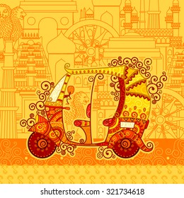 Vector Design Of Auto Rickshaw On Famous Monument Backdrop In Indian Art Style