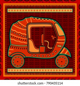 Vector design of auto rickshaw transport in India desi folk art style