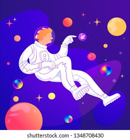 Vector design with autronaut and stars and planets. Astronaut meets a funny creature in Universe. Good for t-shirt, bag print design. 