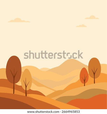 Vector design of autumn landscape, orange and yellow trees and mountains. Large space for text makes the design ideal for banners, flyers, greetings, advertising and seasonal promotions