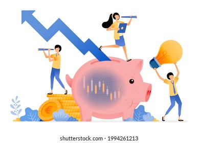 Vector Design of awareness of stock saving investment. piggy bank with candlestick and rising arrow. ideas are money. illustration Can be for websites, posters, banners, mobile apps, web, social media
