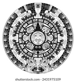 Vector design of Aztec calendar, monolithic disk of the ancient Mexica, sun stone of the Aztec civilization