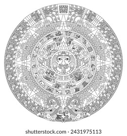 Vector design of Aztec calendar, monolithic disk of the ancient Mexica, sun stone of the Aztec civilization