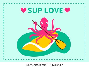 Vector design of baby print with board for swimming, paddle. Sup.Funny animals octopus.sport, sea. Horizontal flat digital eps pattern.Image for poster,
t shirt, label, banner, logo