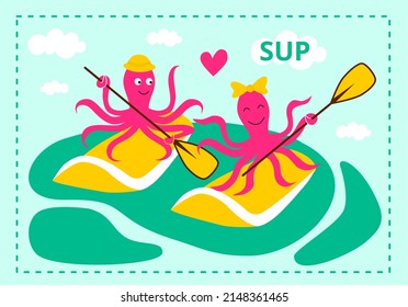 Vector design of baby print with board for swimming, paddle. Sup. Romantic. Love. Funny animals octopus.Sport, sea. Horizontal flat digital eps pattern.Image for poster, t shirt, label, banner, logo