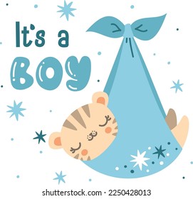 Vector design for baby showers. Cute newborn tiger cub in a blue diaper. The inscription is a boy 