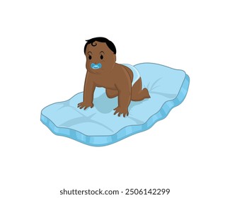 vector design of a baby using a toothless pacifier crawling on a blue mattress