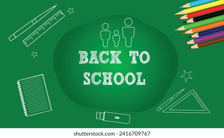 vector design of Back to school. Back to school text in chalkboard element with pen, book, colored pencils and ruler educational elements. Vector illustration back to school concept.