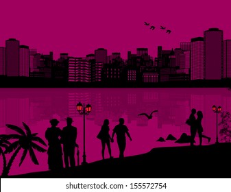 Vector design background with beautiful cityscape and people silhouette with reflection on water