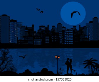 Vector design background with beautiful cityscape and couple silhouette with reflection on water