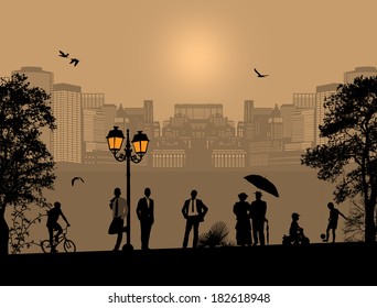 Vector design background with beautiful cityscape and people silhouette