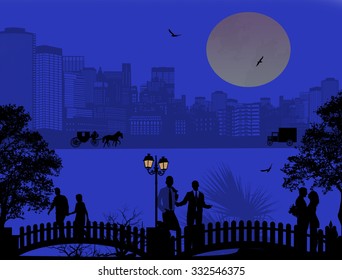 Vector design background with beautiful cityscape and people silhouette at night