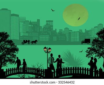 Vector design background with beautiful cityscape and people silhouette on green
